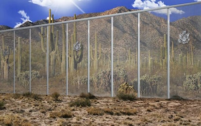 Simulação de uma das propostas de muro entre EUA e México apresentadas pela construtora Fort Worth.