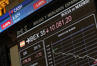 Panel del Ibex en la Bolsa de Madrid 