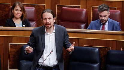 El vicepresidente segundo del Gobierno, Pablo Iglesias, durante su intervención en la última sesión de control al Ejecutivo, este miércoles.