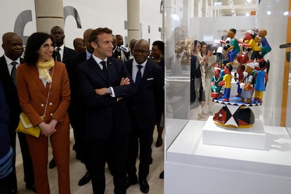 Emmanuel Macron y Rima Abdul-Malak visitan una exposición en Berlín.