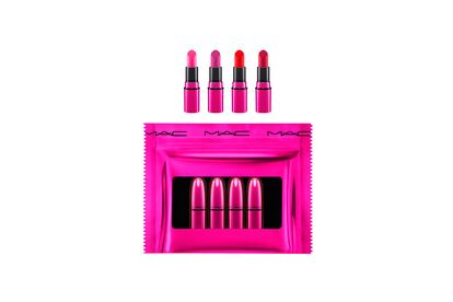 Mini pintalabios para brillar, de M∙A∙C Cosmetics
Este kit con cuatro mini lipsticks en tonos intensos o nude de M∙A∙C Cosmetics reúne todo lo necesario para dar explosión de color o naturalidad a tus labios. Su packaging en rosa flamingo lo convierte en el regalo más eclipsante. Precio: 40.50 euros.