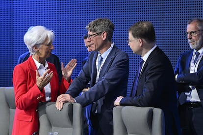 La presidenta del BCE, Christine Lagarde, durante la reunión del Eurogrupo celebrada en Varsovia el pasado 11 de abril.