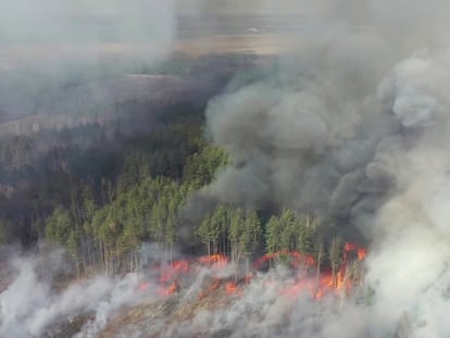 Visa aérea del fuego en el bosque dentro de la zona de exclusión de Chernóbil, el lunes.