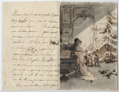 Carta escrita por el pintor español Eduardo Zamacois y Zabala a William H. Stewart el 2 de enero de 1871 junto a un dibujo titulado 'Recuerdo de la Noche Buena de 1869'.