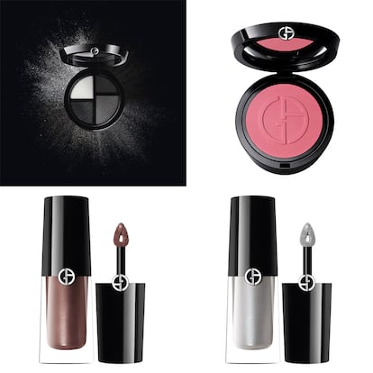Sombra de ojos Eye Quattro (tono 01), sombras líquidas Eye Tint (tonos 10 y 1S) y colorete Luminous Silk Glow Blush (tono 51), todo de ARMANI BEAUTY.