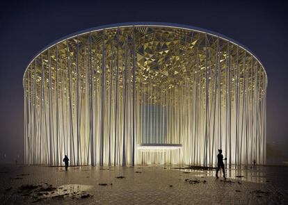 Está prevista para fin de año la inauguración de este teatro Wuxi Taihu, cercano al lago Taihu, en la ciudad industrial china de Wuxi. De planta circular, su perímetro está conformado por un anillo de estilizadas columnas blancas, por lo que quien accede a él tiene la impresión de adentrarse en un bosque de bambú (o de atravesar el telón). El conjunto se completa con una cubierta que parece un dosel de celosías. El estudio Steven Chilton, con sede en Londres, ideó esta solución decididamente efectista para albergar lo que en principio será un espectáculo permanente del director de teatro belga Franco Dragone, quien en su día estuviera al frente de varias propuestas del Cirque du Soleil.