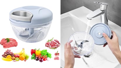 Este otro modelo de minipicadora manual tritura muy bien los alimentos gracias a sus tres cuchillas de acero inoxidable.