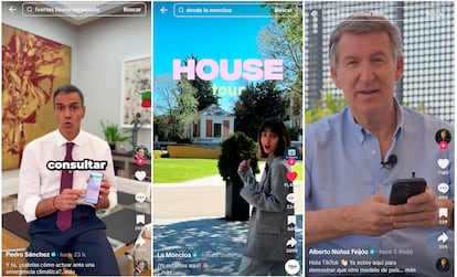 Capturas de pantalla de los vídeos subidos esta semana en las cuentas de TikTok de Pedro Sánchez, La Moncloa y Alberto Núñez Feijóo.
