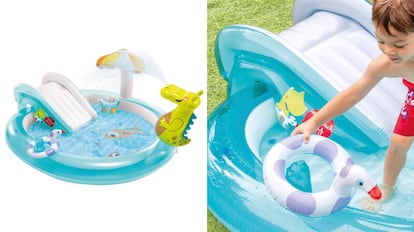 piscina hinchable infantil con tobogán de base acolchada.