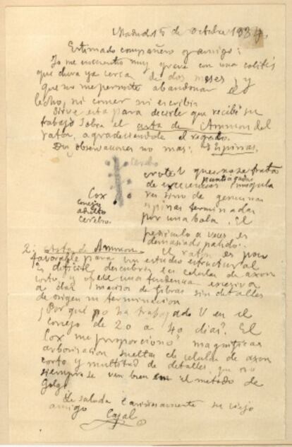 Última carta escrita por Cajal a Rafael Lorente de No el 15 de octubre de 1934, dos días antes de fallecer.