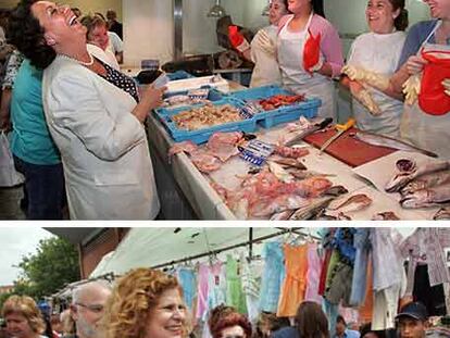 Arriba, la alcaldesa y candidata del PP Rita Barberá en una pescadería del mercado de Castilla. Abajo, la cabeza de lista del PSPV a la alcaldía de Valencia, Carmen Alborch, junto a un puesto del mismo mercado.