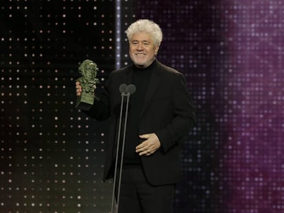 El director Pedro Almodóvar recoge el Goya a Mejor Guion Original, en la gala de este sábado.