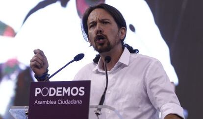 Pablo Iglesias en la asamblea de Podemos en plaza de toros de Vistalegre. 