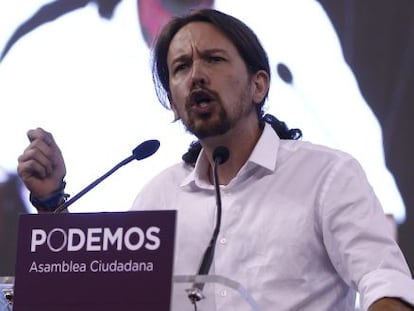 Pablo Iglesias en la asamblea de Podemos en plaza de toros de Vistalegre. 