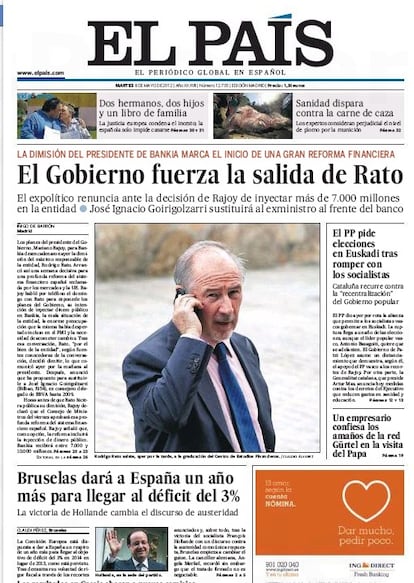 Portada del diario EL PAÍS del 8 de mayo de 2012.