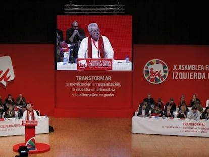 El l&iacute;der de IU, Cayo Lara, durante su intervenci&oacute;n en la d&eacute;cima asamblea de esta formaci&oacute;n.