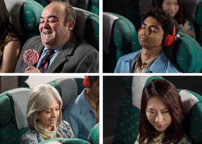 Retratos de pasajeros durante el vuelo.