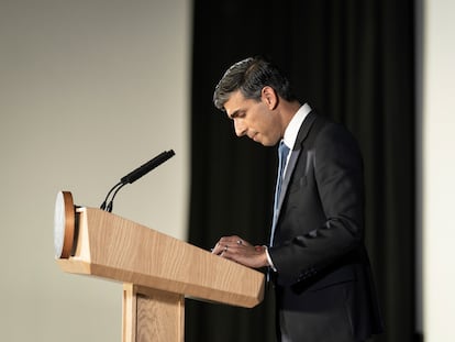 Rishi Sunak, en su primer discurso del año, este miércoles en Londres.