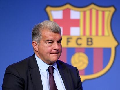 El presidente del FC Barcelona, Joan Laporta, durante una rueda de prensa.