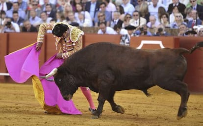David Mora, durante la faena con su primer toro, 'Niñito'.