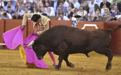 David Mora, durante la faena con su primer toro, &#039;Ni&ntilde;ito&#039;.