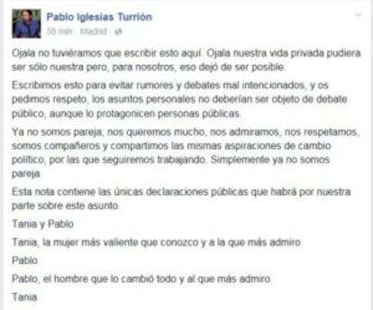 Mensaje en el Facebook de Iglesias.
