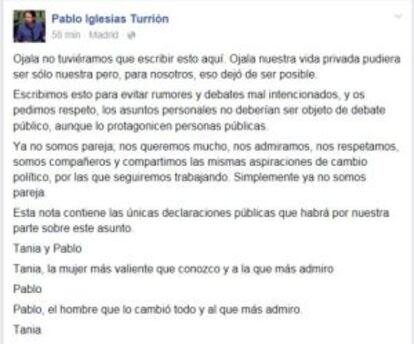 Mensaje en el Facebook de Iglesias.