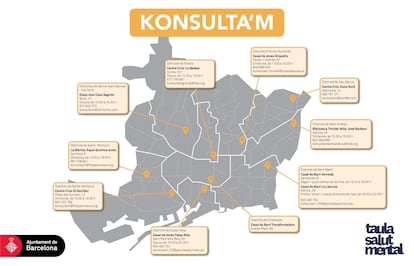 Mapa de las oficinas de la red de atención psicológica para jóvenes Konsulta'm.