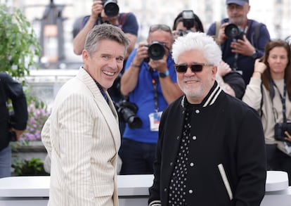 Ethan Hawke, left, and director Pedro Almodovar