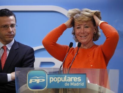 Esperanza Aguirre, en su comparecencia ante los medios tras una reuni&oacute;n del Comit&eacute; de Direcci&oacute;n del Partido Popular de Madrid, el mi&eacute;rcoles. 