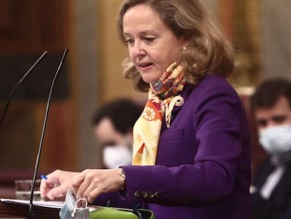 La vicepresidenta Tercera del Gobierno, Nadia Calviño, en el Congreso de los Diputados.