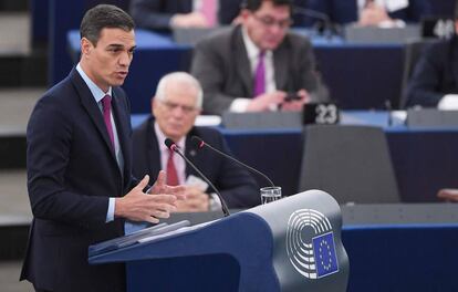 El presidente del Gobierno, Pedro Sánchez, hoy en el Parlamento Europeo.