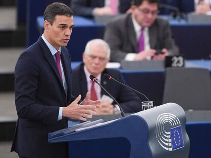 El presidente del Gobierno, Pedro Sánchez, hoy en el Parlamento Europeo.