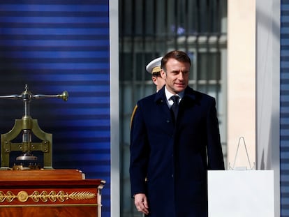 El presidente francés, Emmanuel Macron, este viernes en el acto solemne para sellar el derecho al aborto en la Constitución.