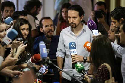 El líder de Podemos, Pablo Iglesias antes de lareunión del Consejo Ciudadano.