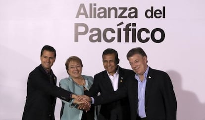 Los presidentes de M&eacute;xico, Chile, Per&uacute; y Colombia este jueves.