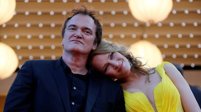 O diretor Quentin Tarantino e a atriz Uma Thurman no Festival de Cannes de 2014, quando o filme &#039;Pulp Fiction&#039; foi homenageado em seus 20 anos. 