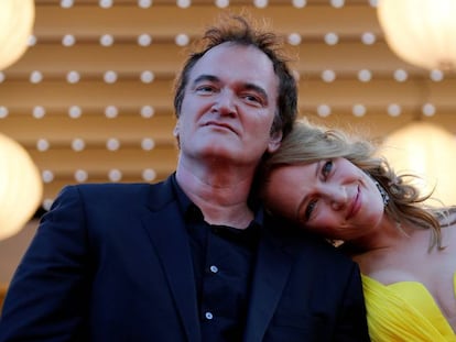 O diretor Quentin Tarantino e a atriz Uma Thurman no Festival de Cannes de 2014, quando o filme &#039;Pulp Fiction&#039; foi homenageado em seus 20 anos. 
