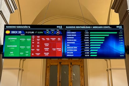 Varios paneles y monitores con  la evolución de la Bolsa española la pasada semana