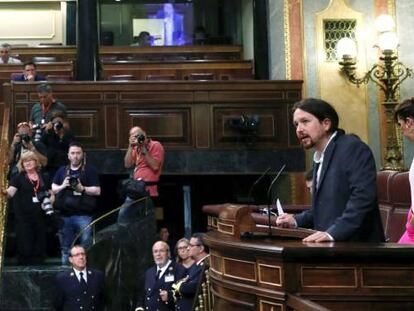 El líder de Podemos Pablo Iglesias, durante su intervención en el Congreso de los Diputados.
