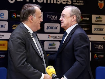 Javier Tebas, junto a Florentino P&eacute;rez, en la Cadena Ser.