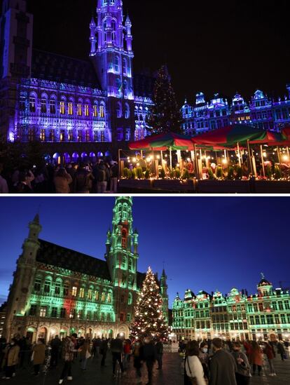Arriba, mercadillo navideño en la Grand Place de Bruselas (Bélgica), el 18 de diciembre de 2019. Abajo, el mismo lugar el 24 de noviembre de 2020.