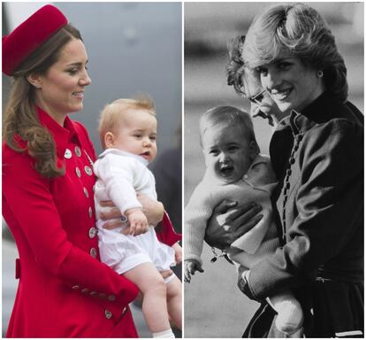 Kate Middleton, con el príncipe Jorge en brazos a su llegada al aeropuerto de Nueva Zelanda, en abril de 2014, en la primera gira oficial a la que viajaba el pequeño Jorge. A la derecha, Diana de Gales con Guillermo de Inglaterra, en marzo de 1983