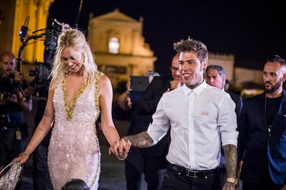 Chiara Ferragni y Fedez, el 31 de agosto de 2018 en la prefiesta por su boda en Noto (Italia).