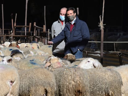 El presidente del Partido Popular, Pablo Casado (a la derecha), durante una visita Matadeón de los Oteros (León) pocas horas antes del comienzo de la campaña electoral.