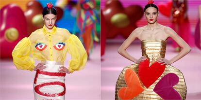 Dos modelos visten diseños de Agatha Ruiz de la Prada durante la Mercedes Benz Fashion Week Madrid, el 16 de febrero de 2023.