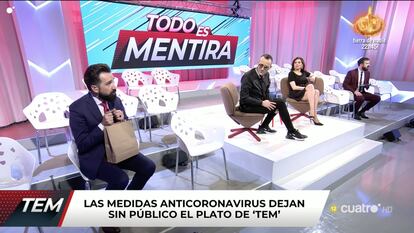 Una imagen del programa de Cuatro 'Todo es mentira' sin público, este martes.