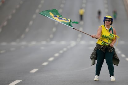 Apoiadora segura bandeira do Brasil em ato pró-Bolsonaro.