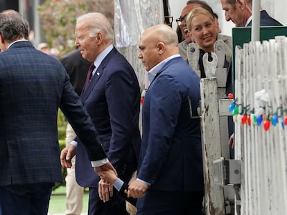 U.S. President Joe Biden and his son Hunter Biden leave a restaurant for Hunter's birthday in Los Angeles, California, on February 4.