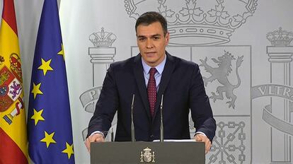 El presidente del Gobierno, Pedro Sánchez, en su comparecencia en La Moncloa este jueves.